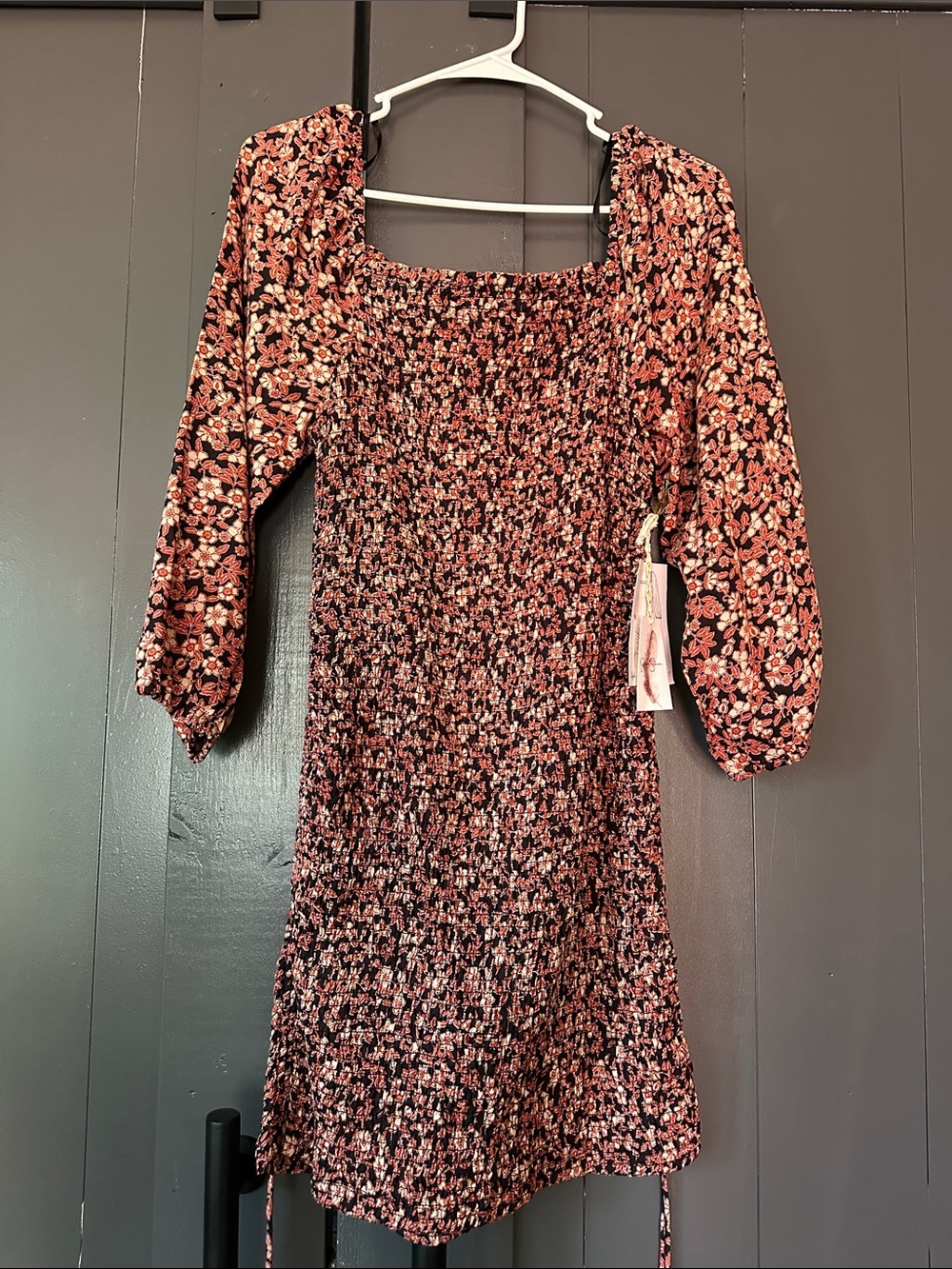 Floral Smocked Square-Neck Dress - Orange/Rust Black, Ruched or Long